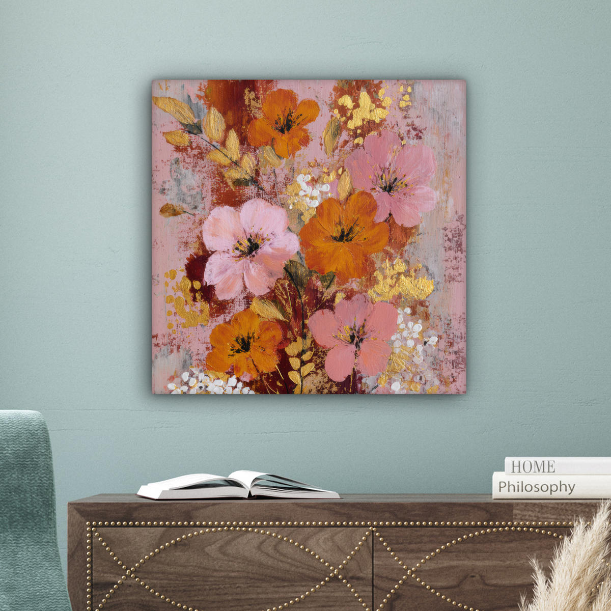 LEINWANDBILD Malerei - Blumen - Rustikal - Rosa Wandbild Wohnzimmer 50x50 cm - Altrosa, Textil (50/50cm) - MuchoWow