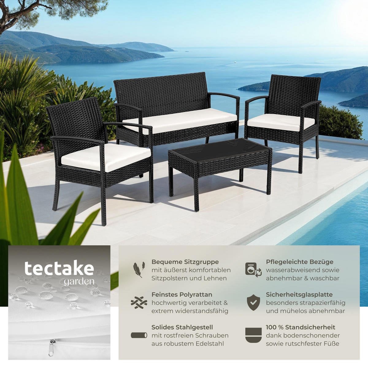 RATTAN SITZGRUPPE Sparta,schlanke Gestelle,schwarz - Schwarz, Kunststoff - tectake