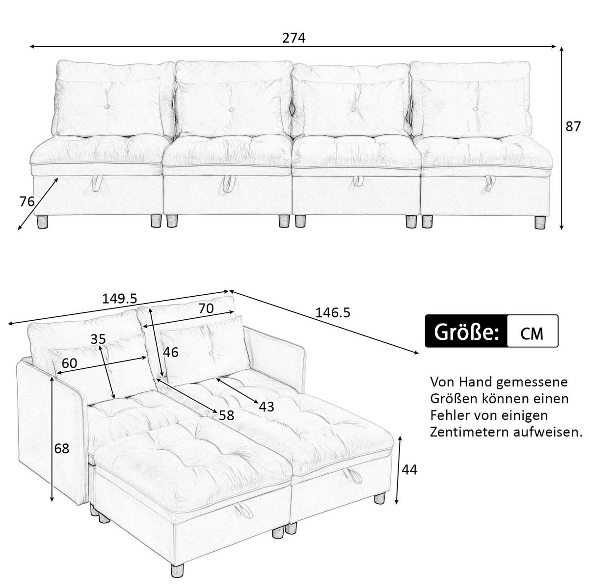SOFA Chenille mit Stauraum und Schlaffunktion Antik Grau 274/76/87 cm - Alteiche, Textil (274/87/76cm) - Redom
