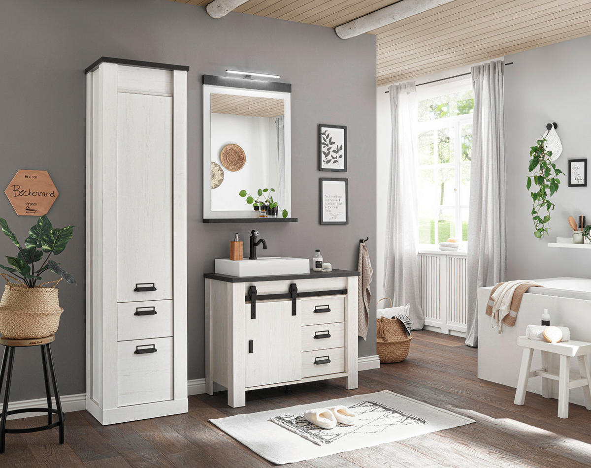 BADMÖBEL-SET 5-teilig weiß Pinie, anthrazit Landhaus, Badkombination mit Waschbecken und Spiegellampe - Anthrazit/Weiß, Holzwerkstoff/Metall (166/210/43cm) - Furn.Design