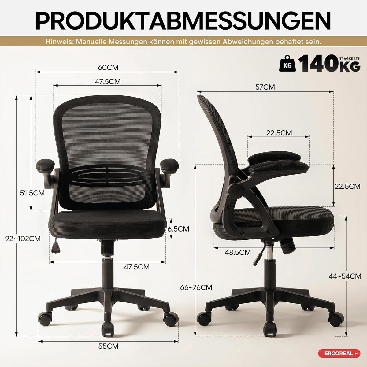 BÜROSTUHL Ergonomischer 90-110°neigbar, 90° Aufklappbare Armlehnen - Schwarz, Metall (60/92/57cm)