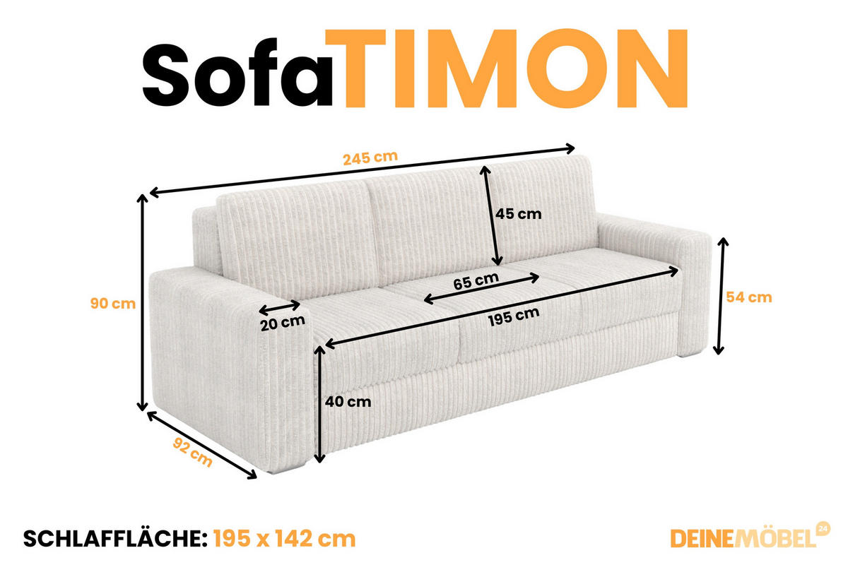 SOFA TIMON 245cm breit in Cord Creme - Creme, Holz/Holzwerkstoff (245/90/92cm) - Deine Möbel 24