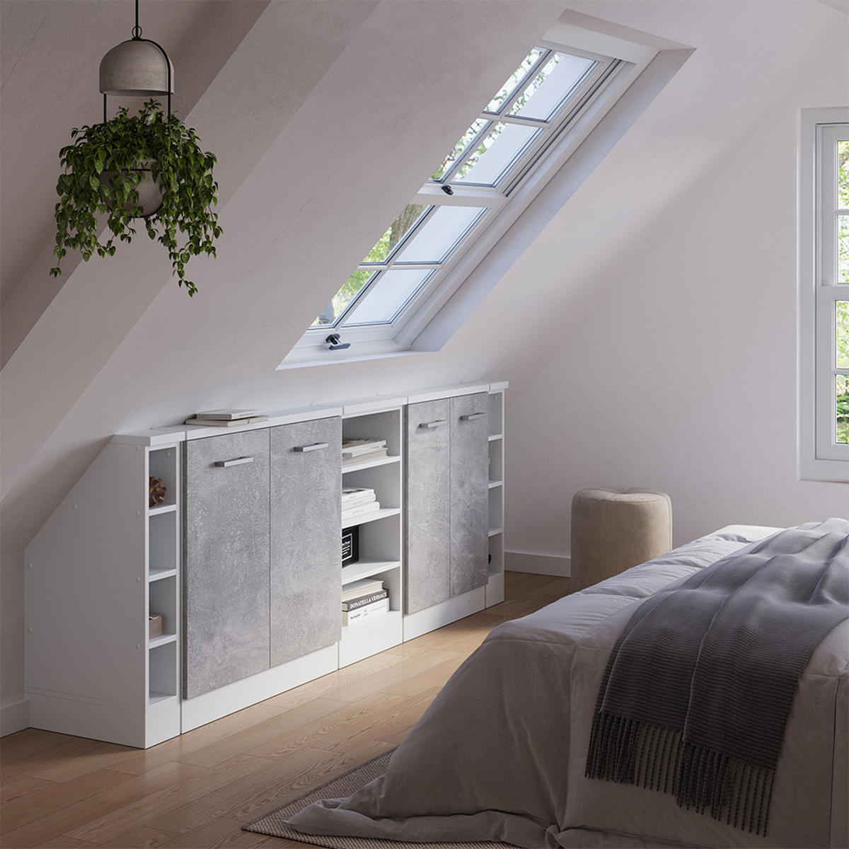 KUCHYŇSKÁ SKŘÍŇKA POD ŠIKMOU STŘECHU R-Line Beton/bílá - bílá/šedá, kompozitní dřevo (210/81.6/46cm) - Vicco