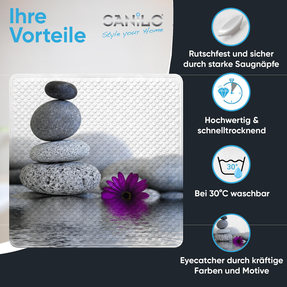 BADEMATTE Energy Stones - Grau, Kunststoff (53/53cm) - Sanilo