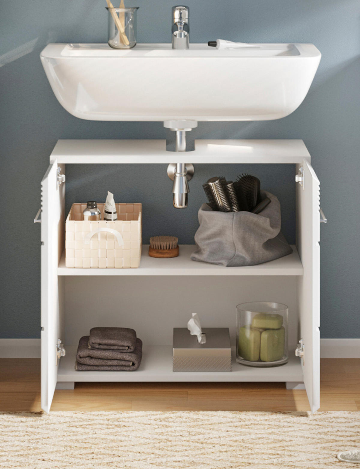 WASCHBECKENUNTERSCHRANK, weiß Hochglanz 60 cm, Unterschrank mit viel Stauraum - Weiß Hochglanz/Silberfarben, Holzwerkstoff/Kunststoff (60/56/34cm) - Inn.Furn
