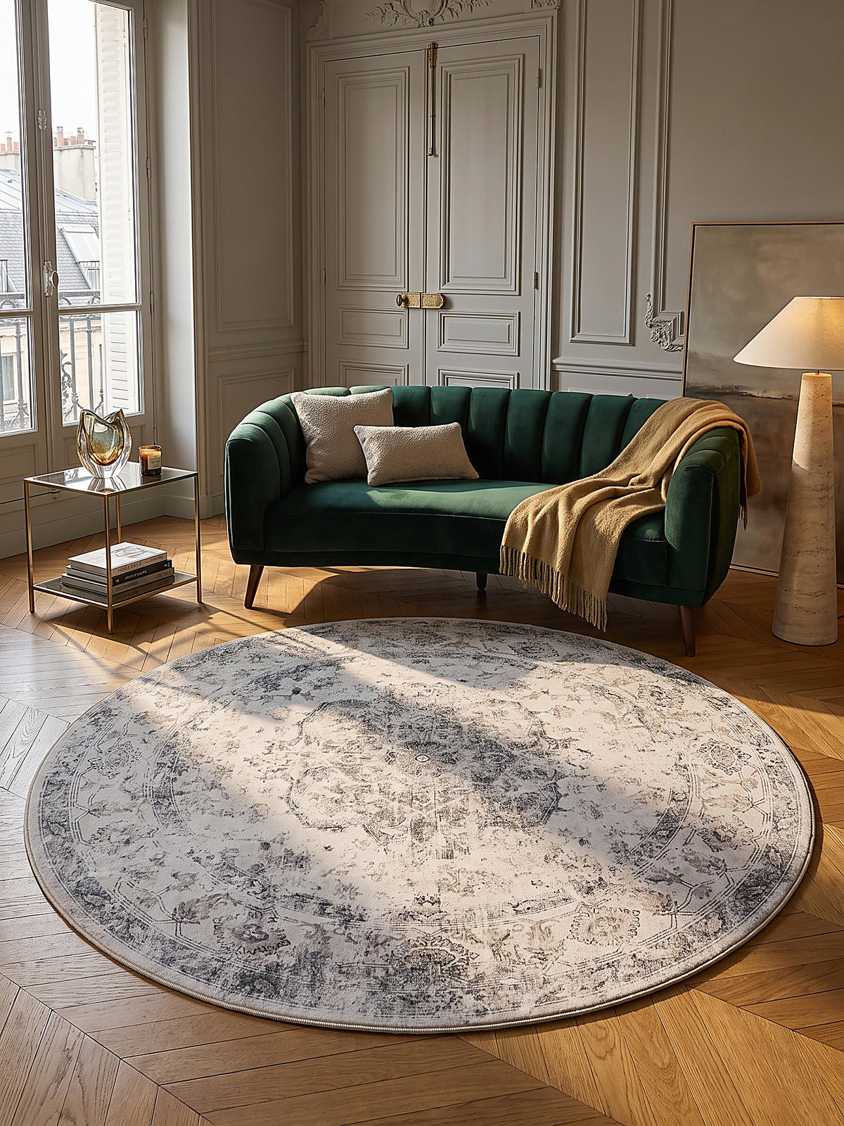 TEPPICH Kurzflor, waschbar, mit floralen Ornamenten, VERNANTE in Beige-Grau, Ø 160 cm - Beige, Textil (160/160cm) - KADIMA DESIGN