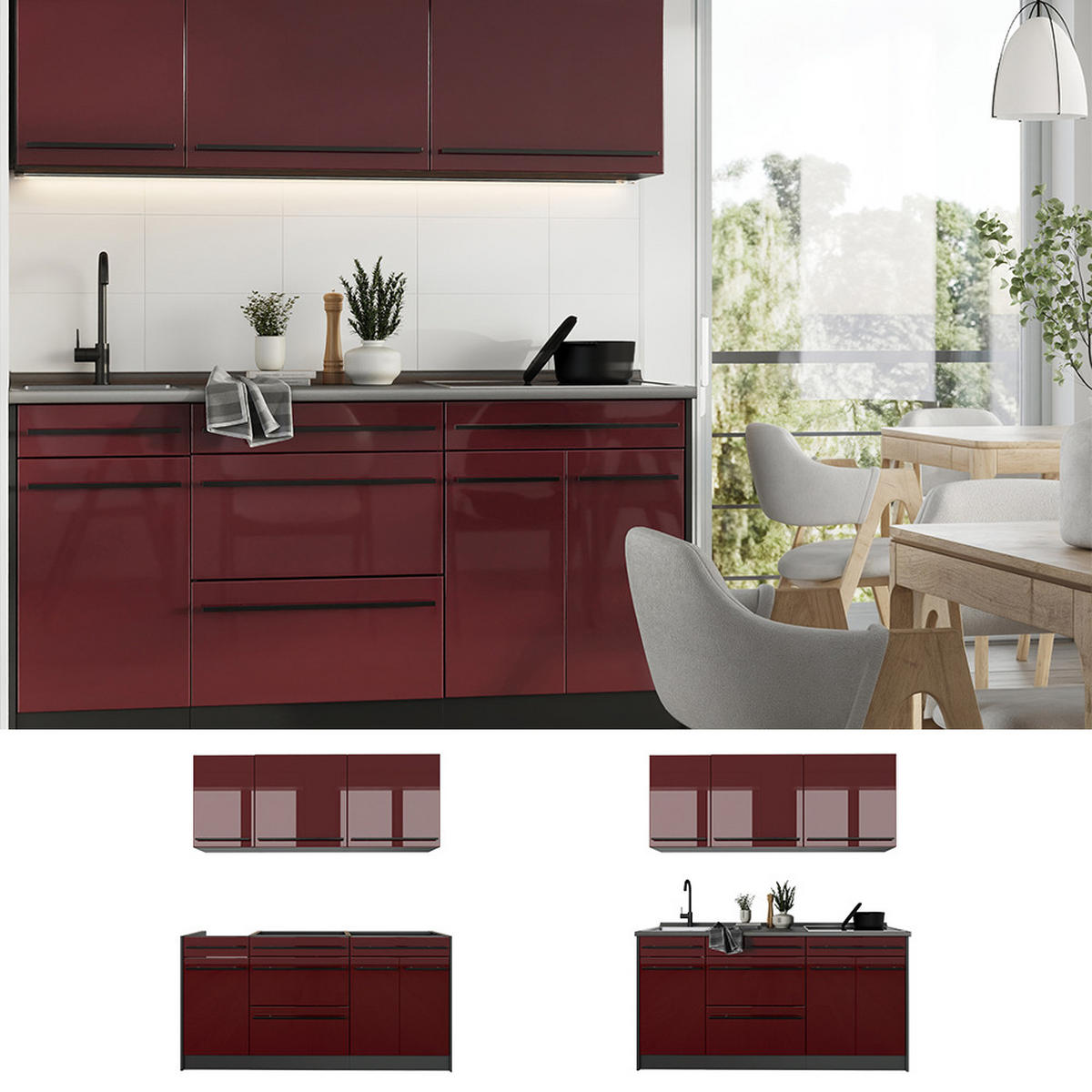 SINGLEKÜCHE R-Line, Rot Hochglanz/Anthrazit, 160 cm ohne Arbeitsplatte - Anthrazit/Rot, Holzwerkstoff (160/81.6/46cm) - Vicco
