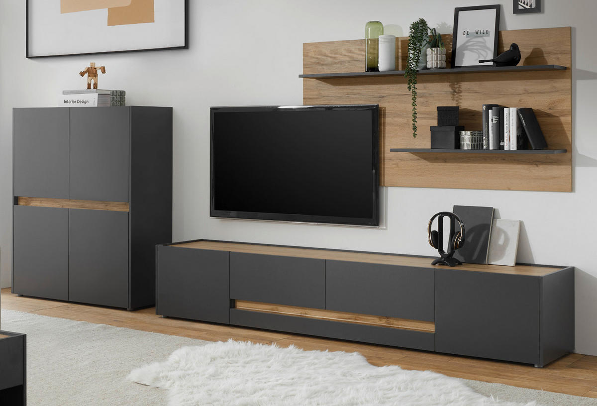 WOHNWAND 3-teilig grau matt, Eiche Wotan 343 cm, Schrankwand mit mit XL-TV-Schrank - Eiche Wotan/Grau, Holz/Holzwerkstoff (360/180/45cm) - Furn.Design