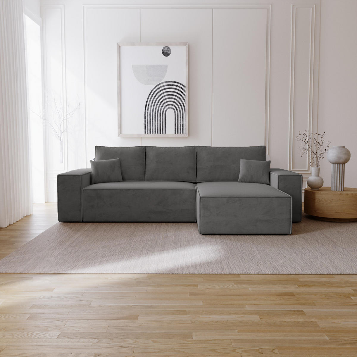 ECKSOFA mit Schlaffunktion Bergamo L 280 cm, Samt, Rechts - Dunkelgrau - Dunkelgrau, Holz (189/277cm) - Emporius