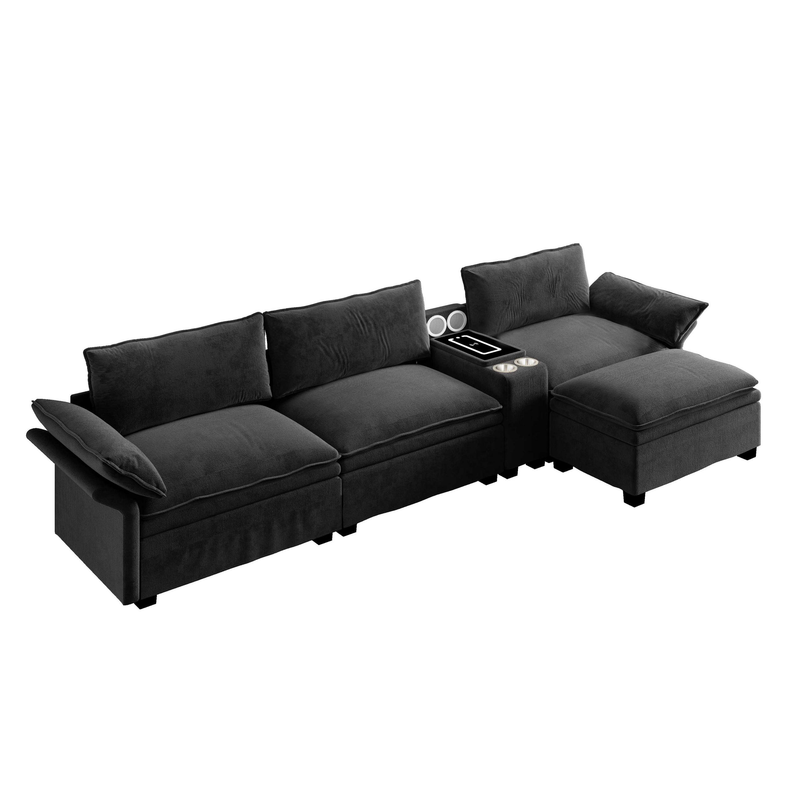 ECKSOFA DE-34944 L-Form mit Funktionskonsole Schwarz - Schwarz, Holz (70/315cm) - ComfortXL