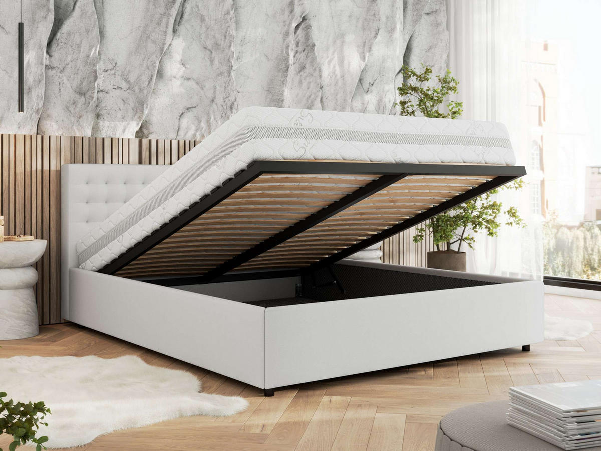 POLSTERBETT PAVO CLASSIC 140/200 - Weiß Kunstleder - Schaum-Matratze - Weiß, Textil (140/200cm) - MKS