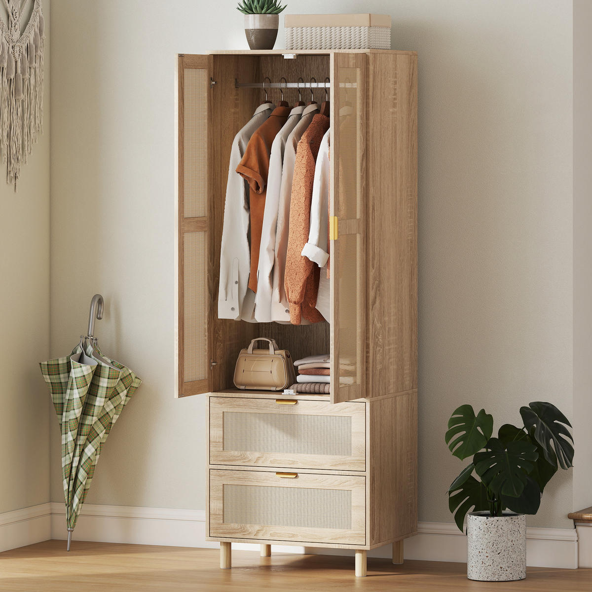 KLEIDERSCHRANK DE-17216 2 Rotting-Türen & 2 Schubladen Natur - Naturfarben, Holzwerkstoff (47/185/63cm) - ComfortXL