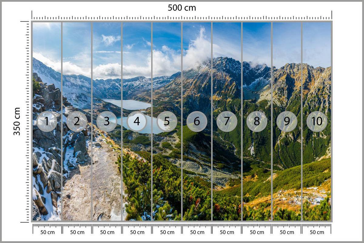 FOTOTAPETE für Wohnzimmer Tal der Fünf Polnischen Seen Gebirge 500x350 - Blau/Gelb, Papier (500/350cm) - Muralo