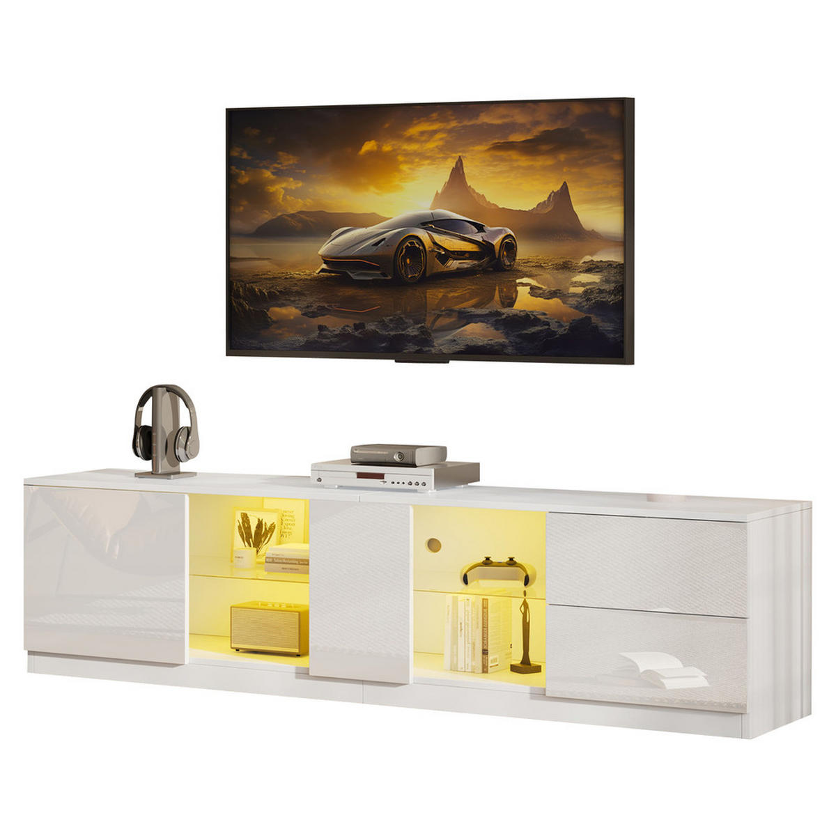 TV-STÄNDER 160x40cm Hochglanz Lowboard LED-Beleuchtung bis 65 Zoll - Weiß, Holz (48.49/18.9/59.89cm) - FLIEKS