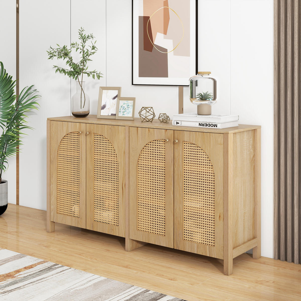 SIDEBOARD Aufbewahrungsschrank Rattan Küchenschrank mit 4 Fächern gebogenen Türen - Naturfarben, Holzwerkstoff/Metall (145/80/40cm) - EVRYAE
