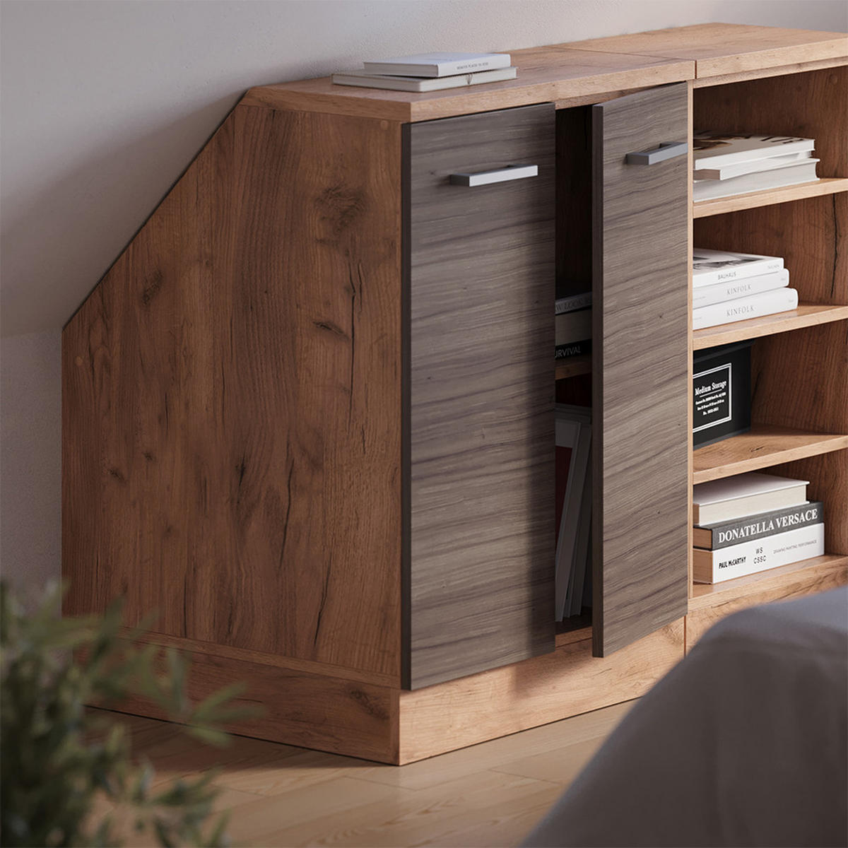 KUHINJSKI ORMAR ZA KOSINE KROVA R-Line Plemenita Siva 60 cm s 2 vrata, korpus ormara dubine 60 cm - hrast medunac/siva, drvni materijal (60/83.8/60cm) - Vicco
