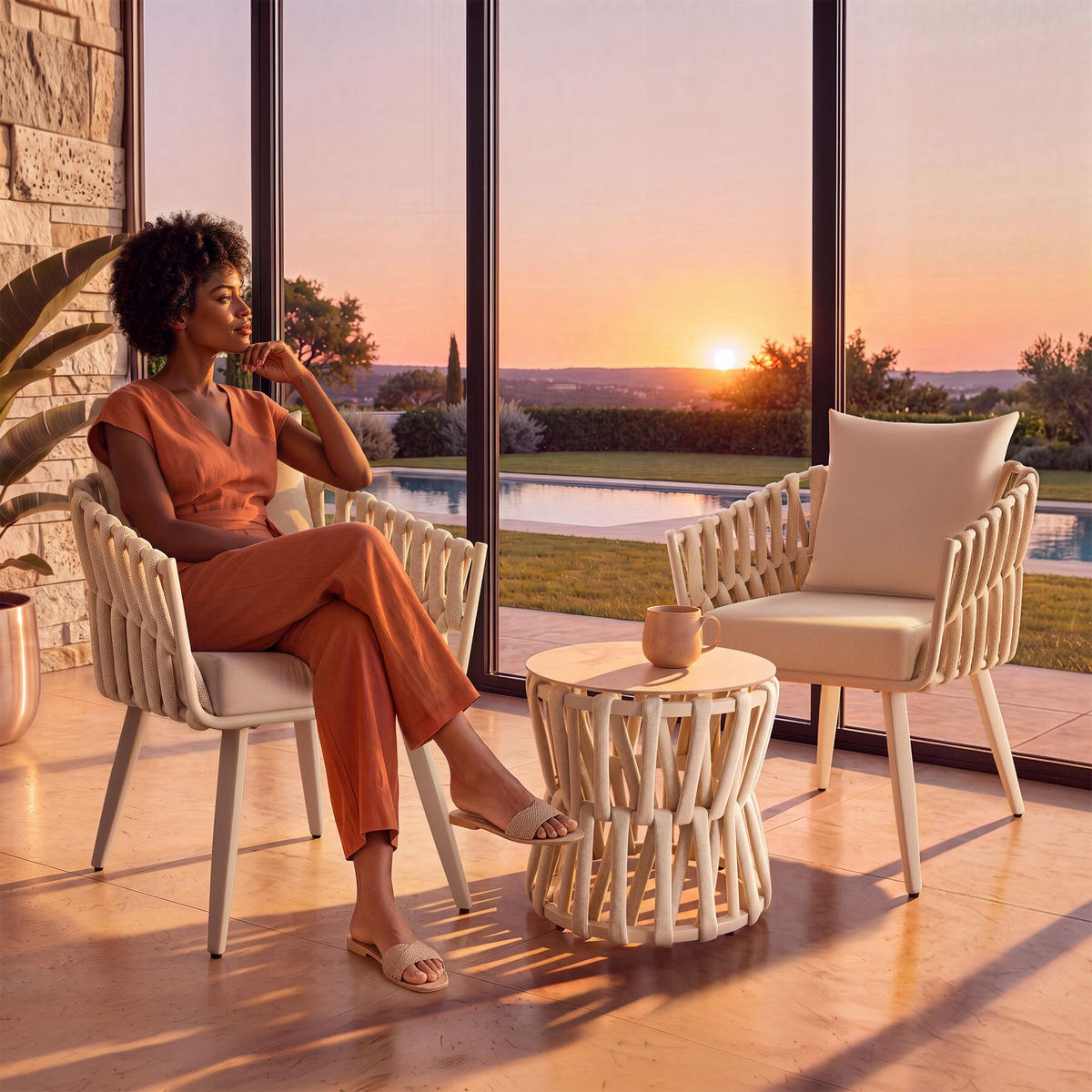 GARTENLOUNGE-SET ALUMINIUM Lugano, höhenverstellbare Kunststofffüße, Sicherheitsglasplatte, beige - Beige, Kunststoff - tectake