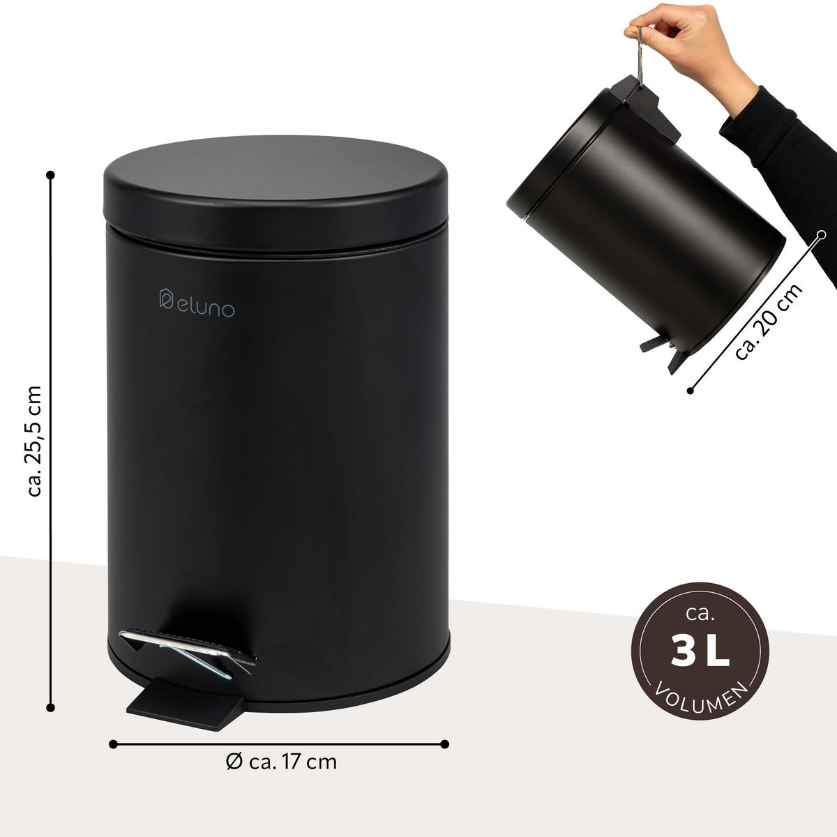 KOSMETIKEIMER AGLIANO, 3 Liter Fassungsvermögen, Metall, schwarz - Schwarz, Metall (17/25.5/20cm) - eluno