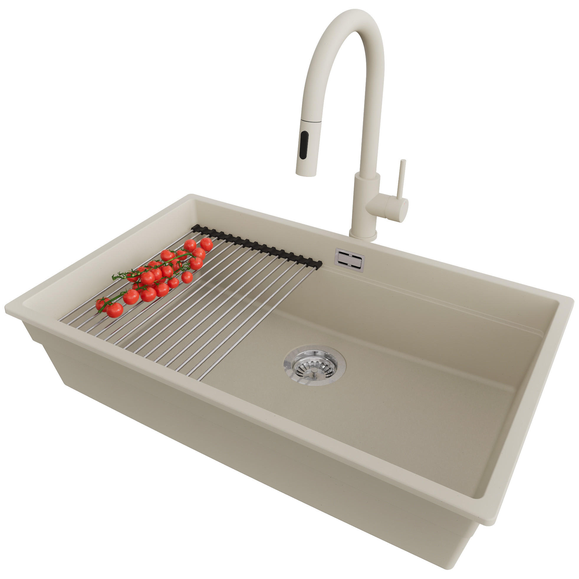 GRANITSPÜLE Praga Slim, 2-er set Beige 76/47 cm 1 Becken + Küchenarmatur 40/20 cm + Ablauf-Set + Aufrollbare Abtropffläche ab 80er Unterschrank - Chromfarben/Beige, Kunststoff (76/20/47cm) - Primagran