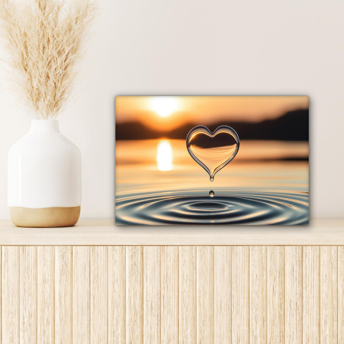 LEINWANDBILD - Herz - Wasser - Sonnenuntergang - Natur - Zen - 30x20 - Deko XXL - Bernsteinfarben, Textil (30/20cm) - MuchoWow