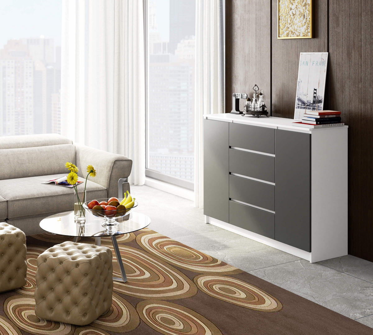 KOMMODE Weiß, Graphit Grau 99/160/40 - Weiß, Holzwerkstoff (160/99/40cm) - RAUMHIRSCH FURNITURE