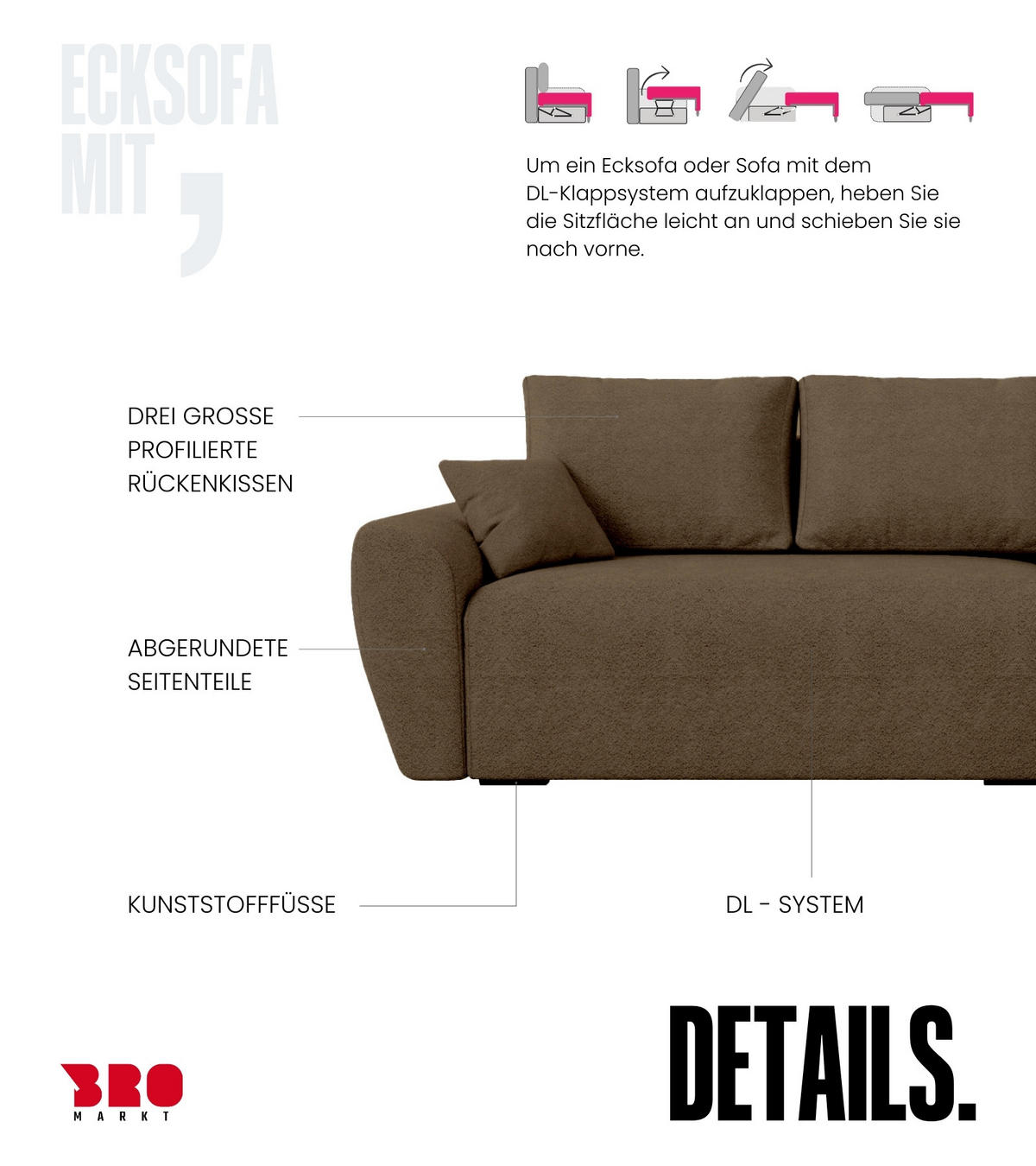 ECKSOFA Rotterdam mit Schlaffunktion Braun Bouclé - Braun, Textil (238/141cm) - Bromarkt