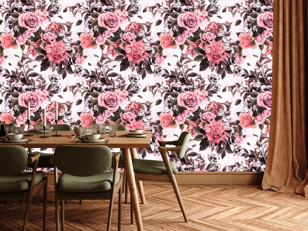 VLIESTAPETE Vintage-Rosen und Pfingstrosen – Rosa, Schwarz, Weiß – 50x1000 cm - Schwarz/Rosa, Papier (50/1000cm) - Muralo