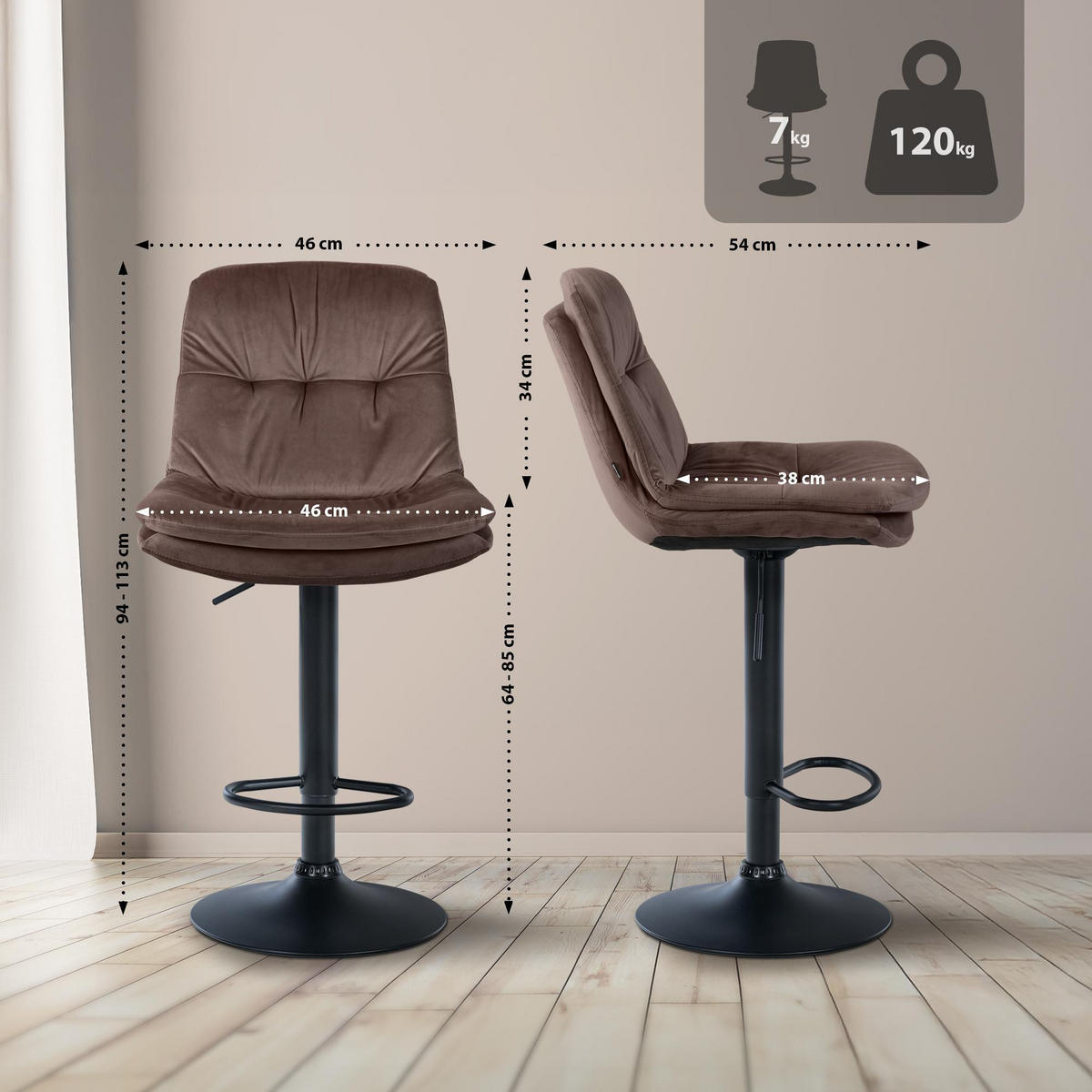BARHOCKER Samt braun - Schwarz/Braun, Textil (46/94/54cm) - CLP