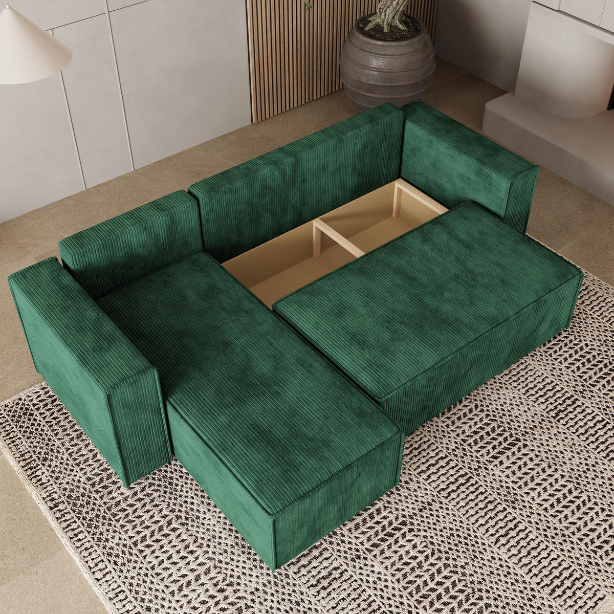 ROHOVÁ SEDAČKA RAVELO tmavě zelená - šedá/tmavě zelená, dřevo/textil (240/140cm) - MASSENO