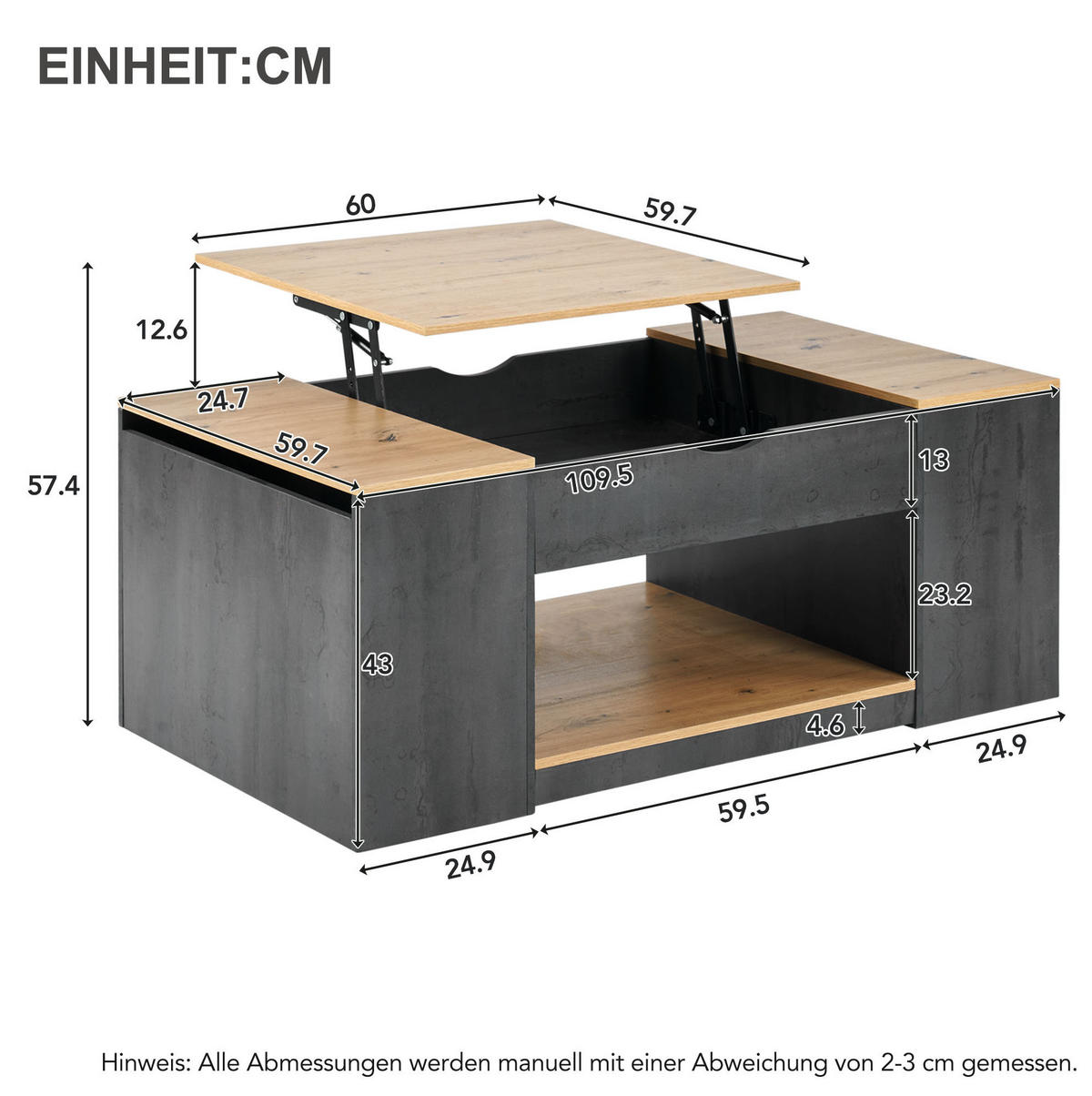 KONFERENČNÍ stolek z MDF 109,5x43x59,7 cm šedý/hnědý s výškovým nastavením a úložným prostorem - šedá, kompozitní dřevo (109.5/59.7/57.4cm) - Modfu