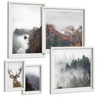BILDER SET 5er Set - 50x50 cm & 20x30 cm & 40x60 cm Weißer Rahmen - Berglandschaft Nebel Hirsch - Weiß, Kunststoff (40/60cm) - TULUP