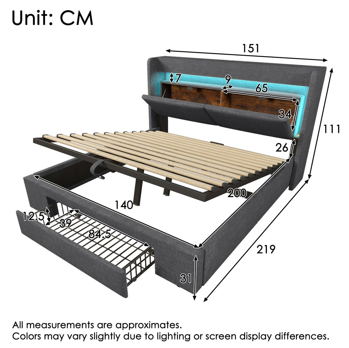 POLSTERBETT mit Stauraum, LED und USB 140x200 cm Leinen Grau - Grau, Metall (140/200cm) - Meubliv