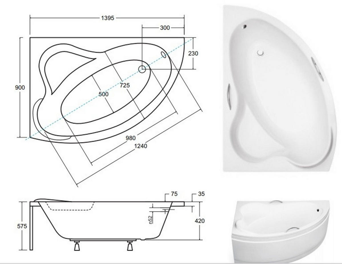 BADEWANNE Eckwanne ADA 140/90 Links Ablauf & Füße - Weiß, Kunststoff (90/57.5/140cm) - bad land