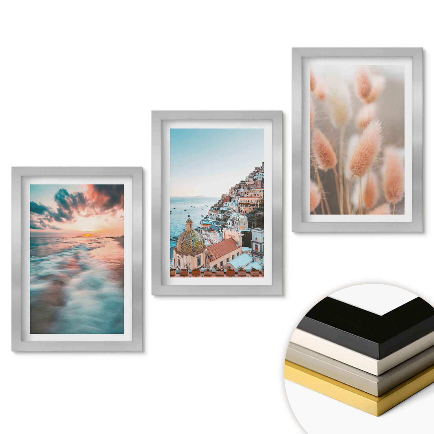 WANDBILDER 3er Set - 20x30 cm Silberner Rahmen - Sonnenuntergang am Meer, Häuser, Blumen - Silberfarben, Kunststoff (20/30cm) - ArtPrintCave