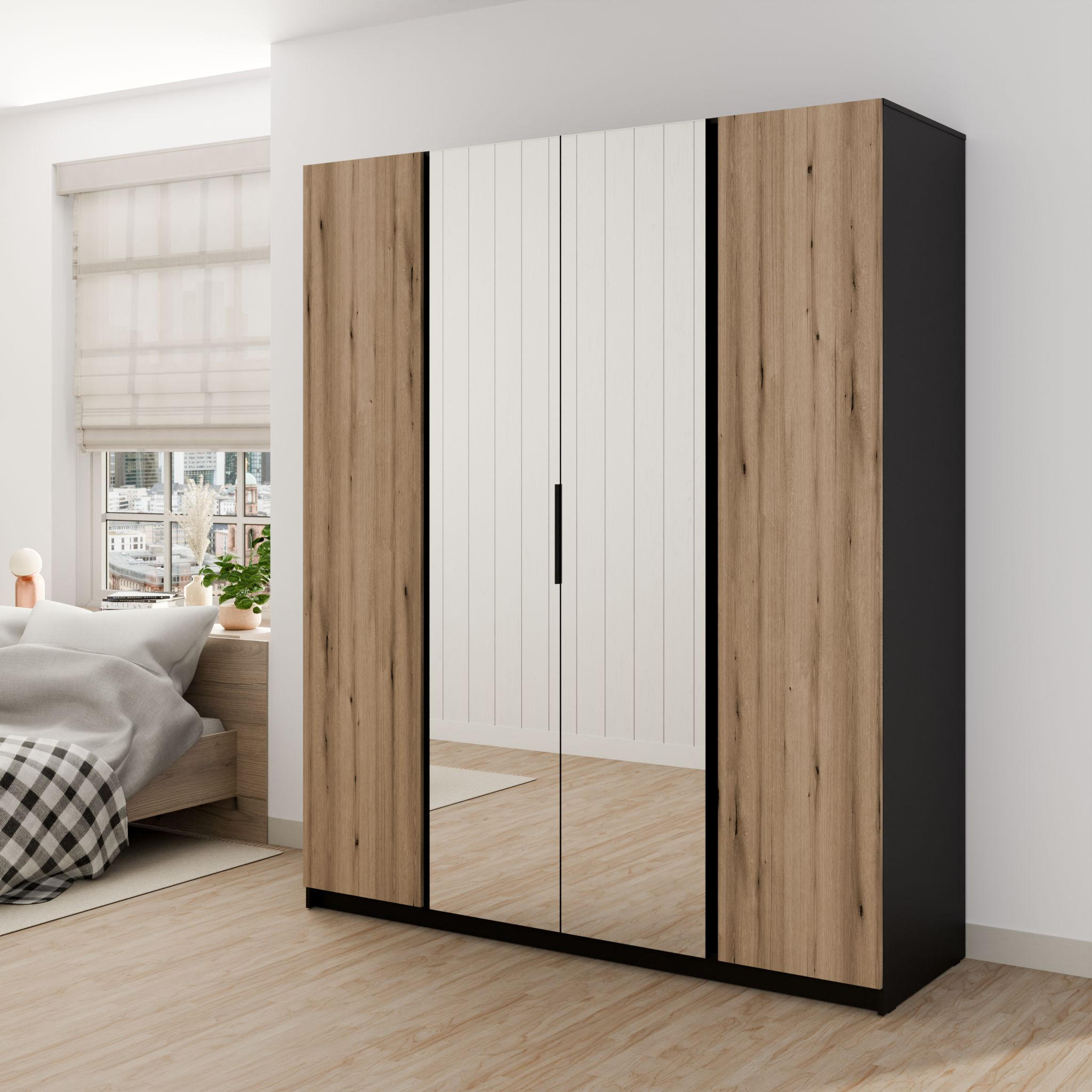 DREHTÜRENSCHRANK CAGLIARI 200/239/61,9cm 4-türig mit Spiegel Schwarz - Goldfarben/Schwarz, Holzwerkstoff (200/239/61.9cm) - MASSENO