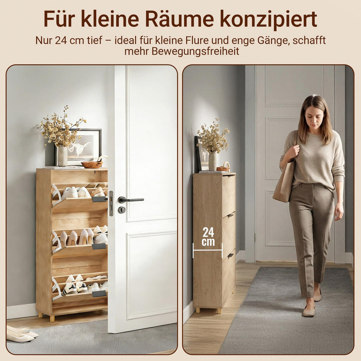 SCHUHSCHRANK mit 3 Klappen, Schuhkipper 60x24x120cm - Naturfarben, Holzwerkstoff (24/120/60cm) - SoBuy