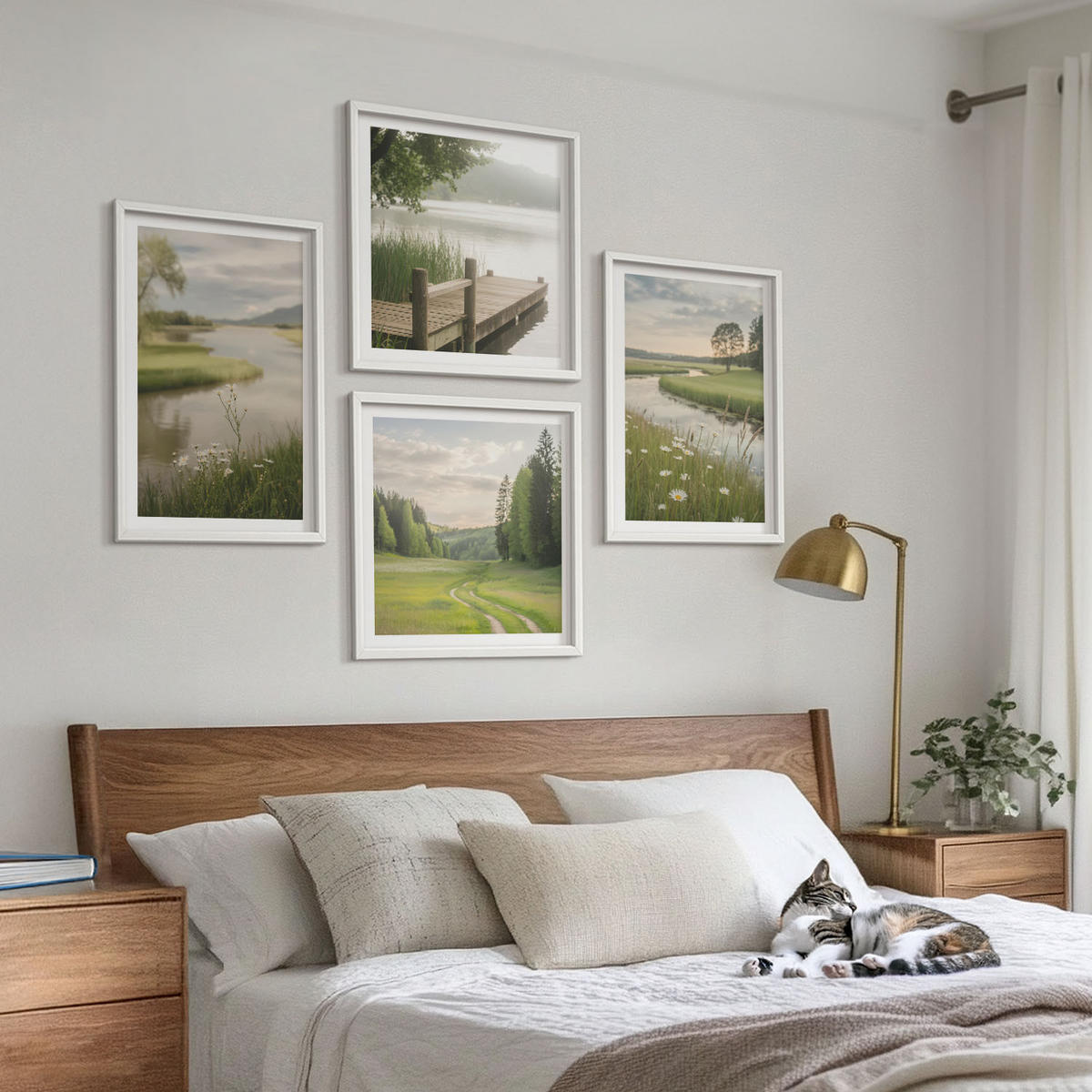 BILDER SET 4er Set - 50x50 cm & 40x60 cm Weißer Rahmen - Sommerlandschaften Flusswiese - Weiß, Kunststoff (50/50cm) - TULUP