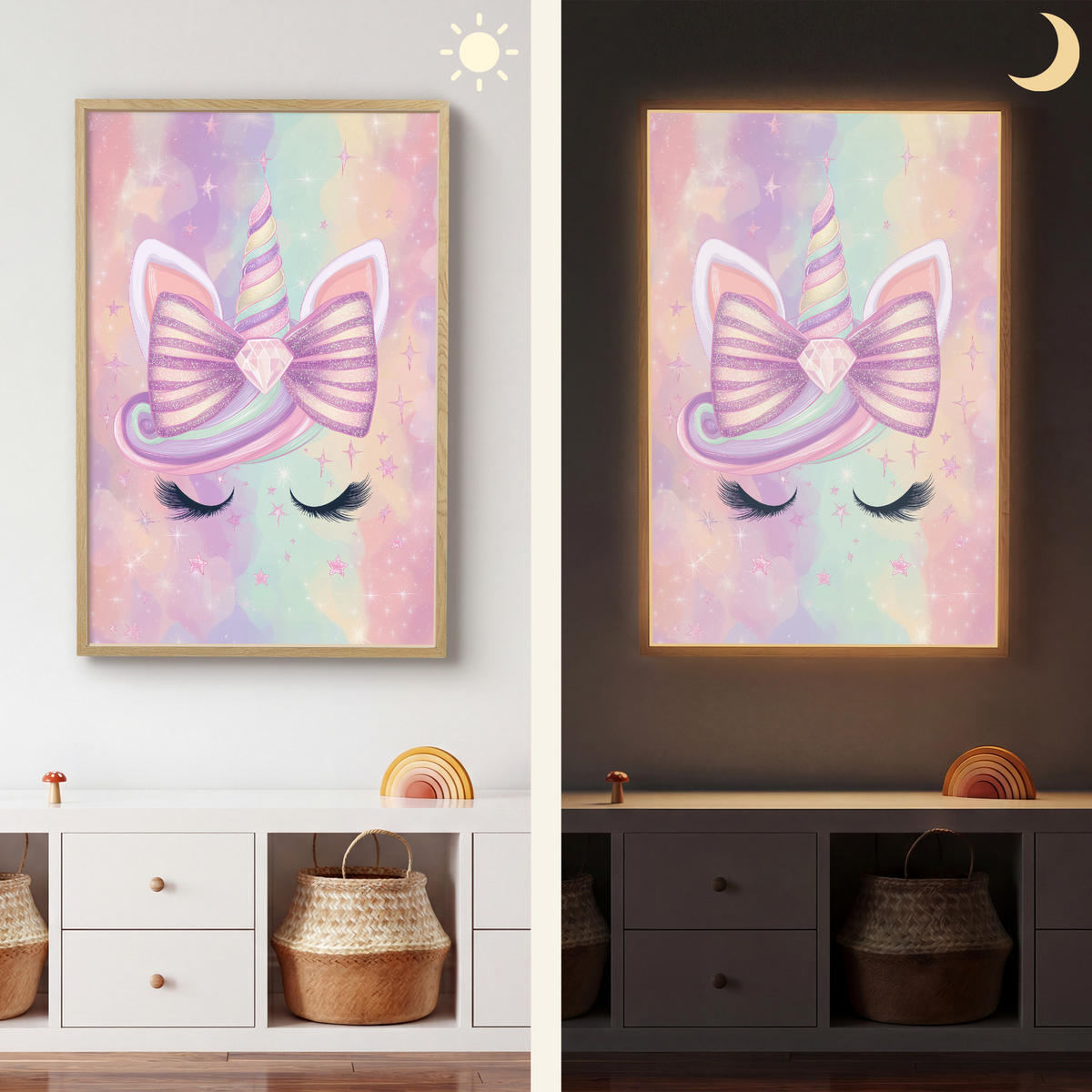 NÁSTĚNNÁ LAMPA S AKUMULÁTOREM Jednorožec - Třpytky - Duha - Pastelové barvy 60x90 cm - světle růžová, kompozitní dřevo (60/90/8cm) - OnlyWow