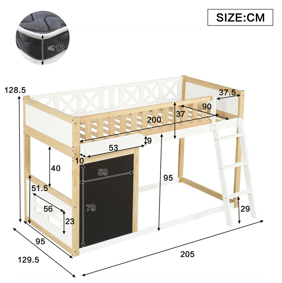 HOCHBETT Kinder 90/200 cm Weiß Natur mit Tafel, Aufbewahrungsbox und Stauraum ohne Matratze - Weiß, Holz (90/200cm) - MIVRAY