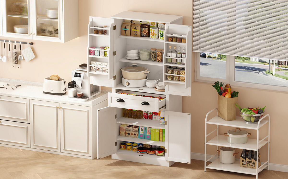 BUFFETSCHRANK, Vorratsschrank mit 4 Türen & 1 Schublade, 4 verstellbare Einlegeböden, Holzwerkstoff, 80/40/182 cm, Weiß - Weiß, Holzwerkstoff (80/182/40cm) - Modfu