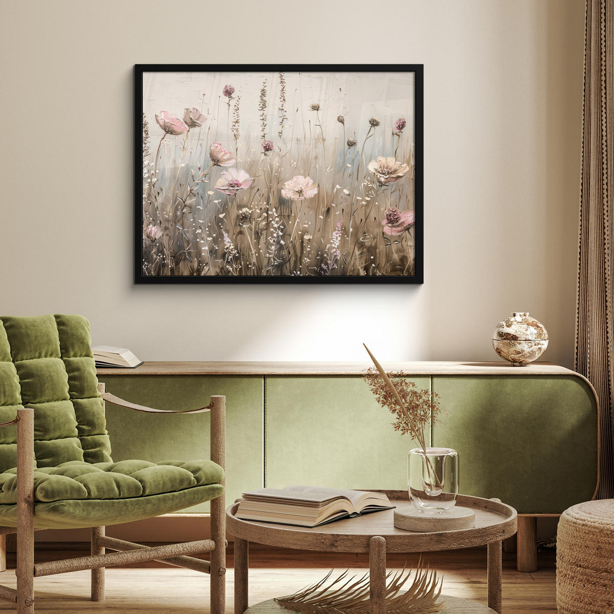 POSTER MIT RAHMEN Blumen - Rosa - Modern - Beige 80x60 cm - Beige, Papier (80/60cm) - MuchoWow
