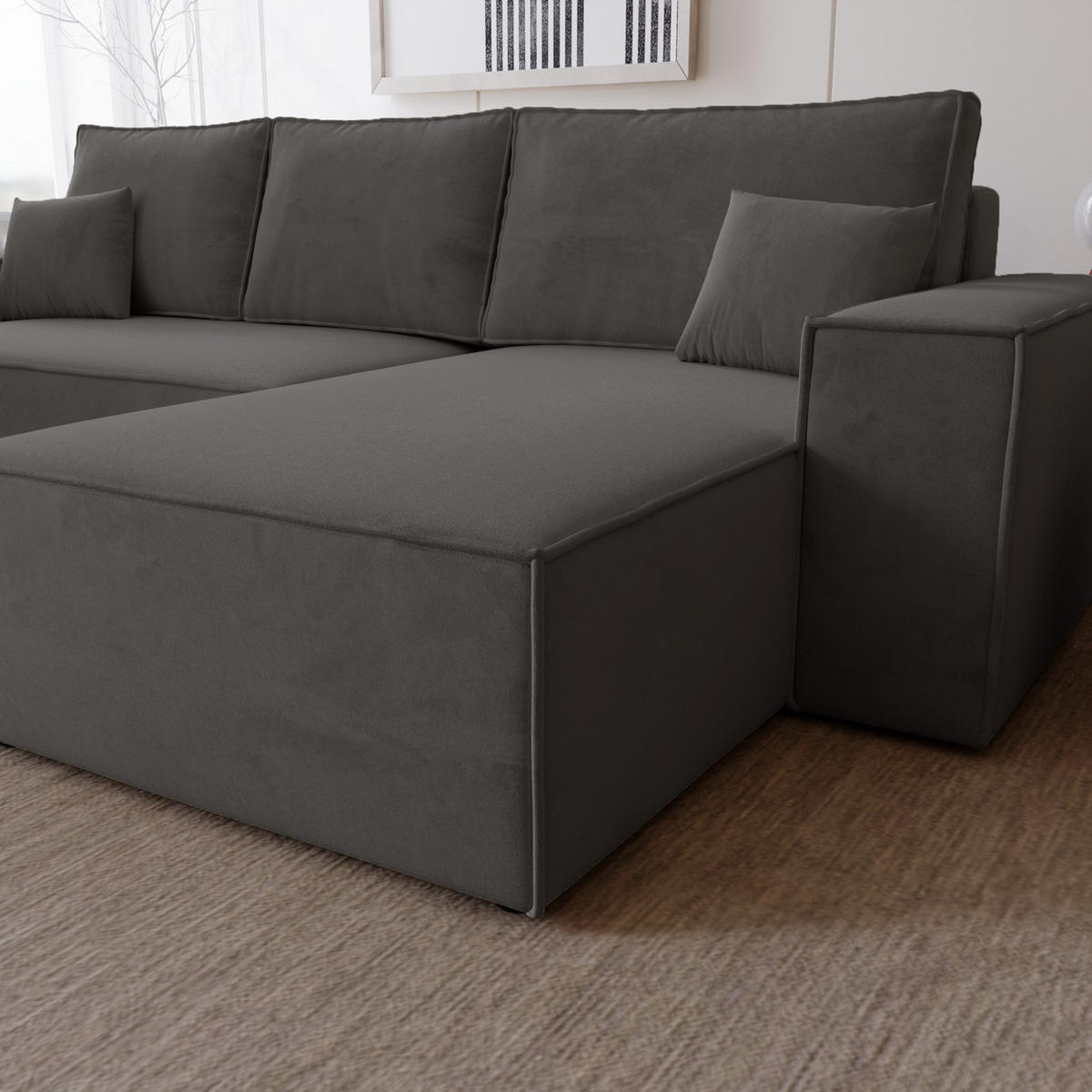 ECKSOFA mit Schlaffunktion Bergamo L 280 cm, Samt, Rechts - Dunkelgrau - Dunkelgrau, Holz (189/277cm) - Emporius