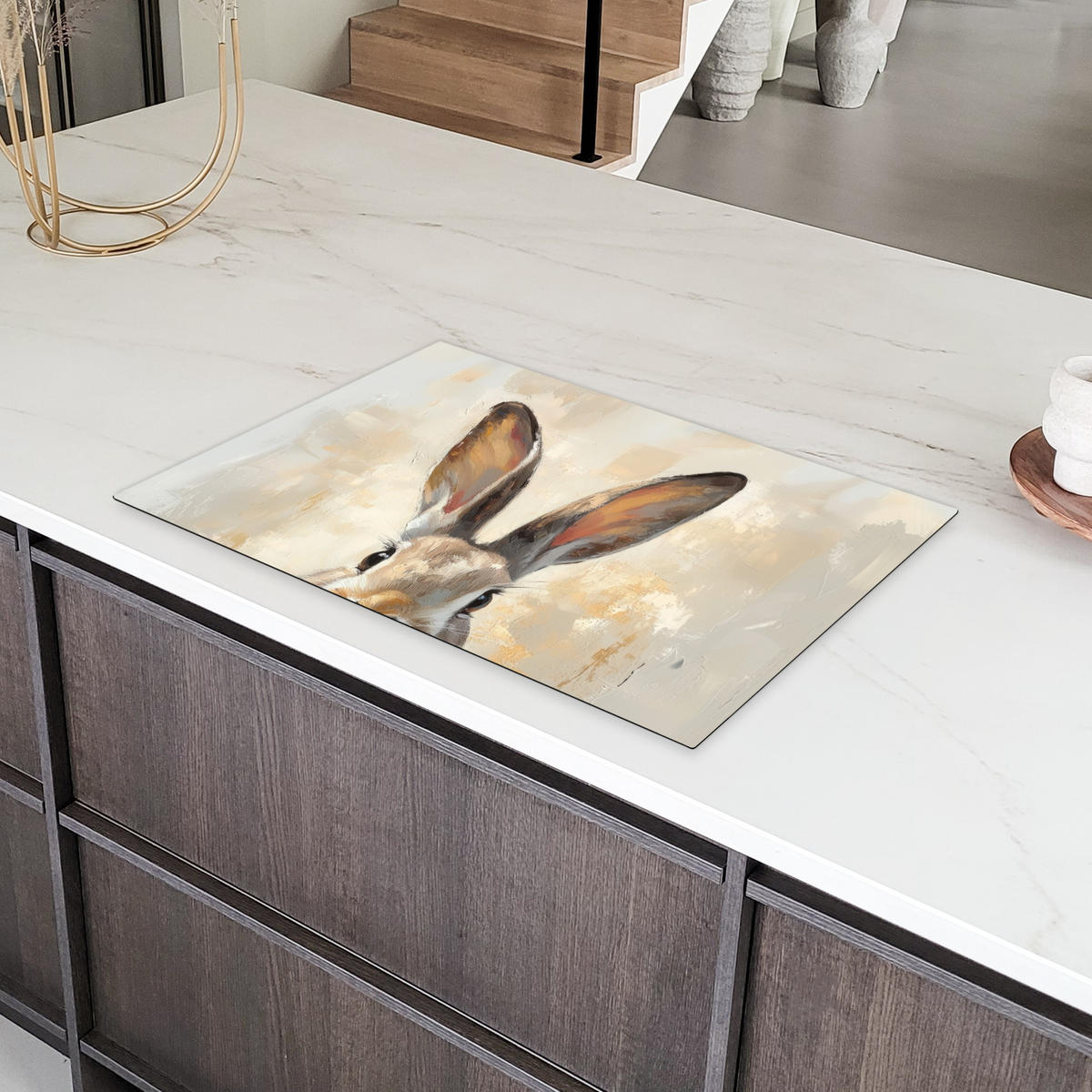 HERDABDECKPLATTE Hase - Ohren - Braun Ceranfeldabdeckung 80x52 cm - Beige, Kunststoff (80/52/0.2cm) - MuchoWow