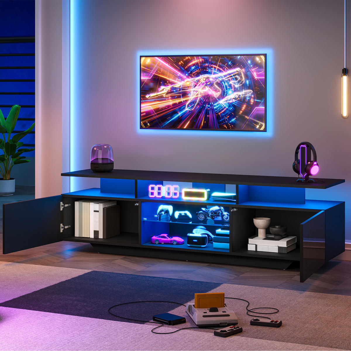 TV-SCHRANK schwarz aus MDF mit gehärtetem Glas und App-gesteuerter USB-LED 160 × 40 × 45 cm - Schwarz, Holzwerkstoff (160/45/40cm) - Luhomfu