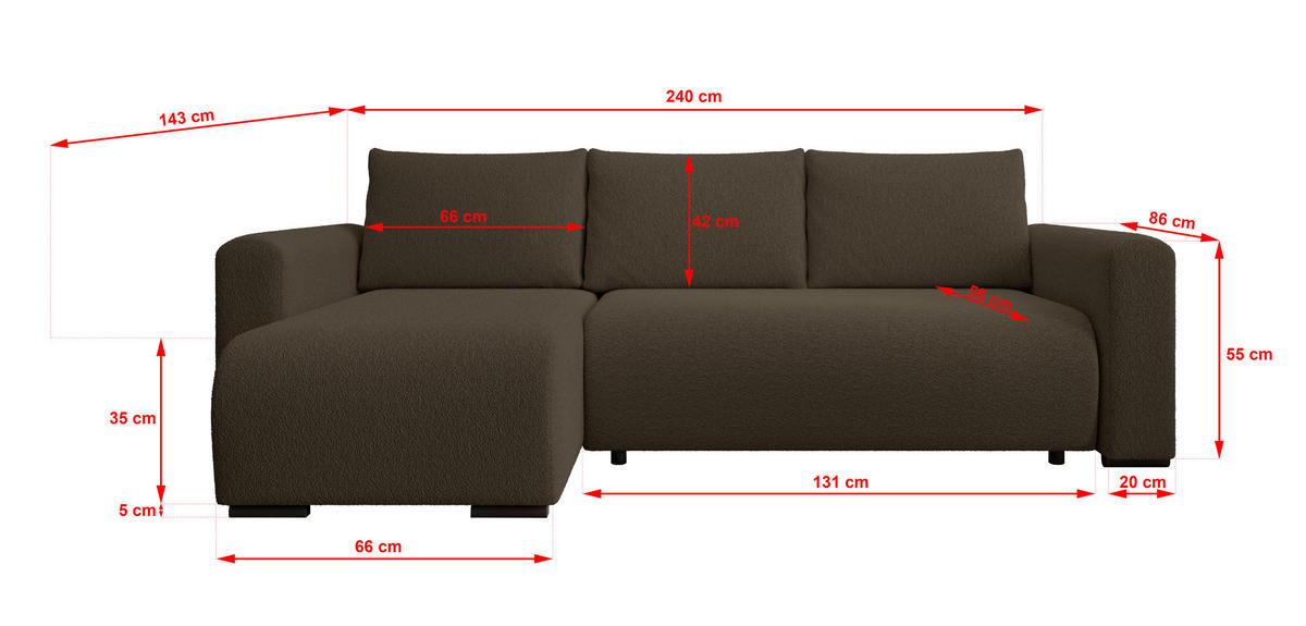 ECKSOFA DORA L, Eckcouch in L-Form mit Schlaffunktion und Bettkasten, Farbe: Dunkelbraun, Bouclé-Stoff, Ottomane Links - Dunkelbraun, Textil (240/143cm) - Storez24