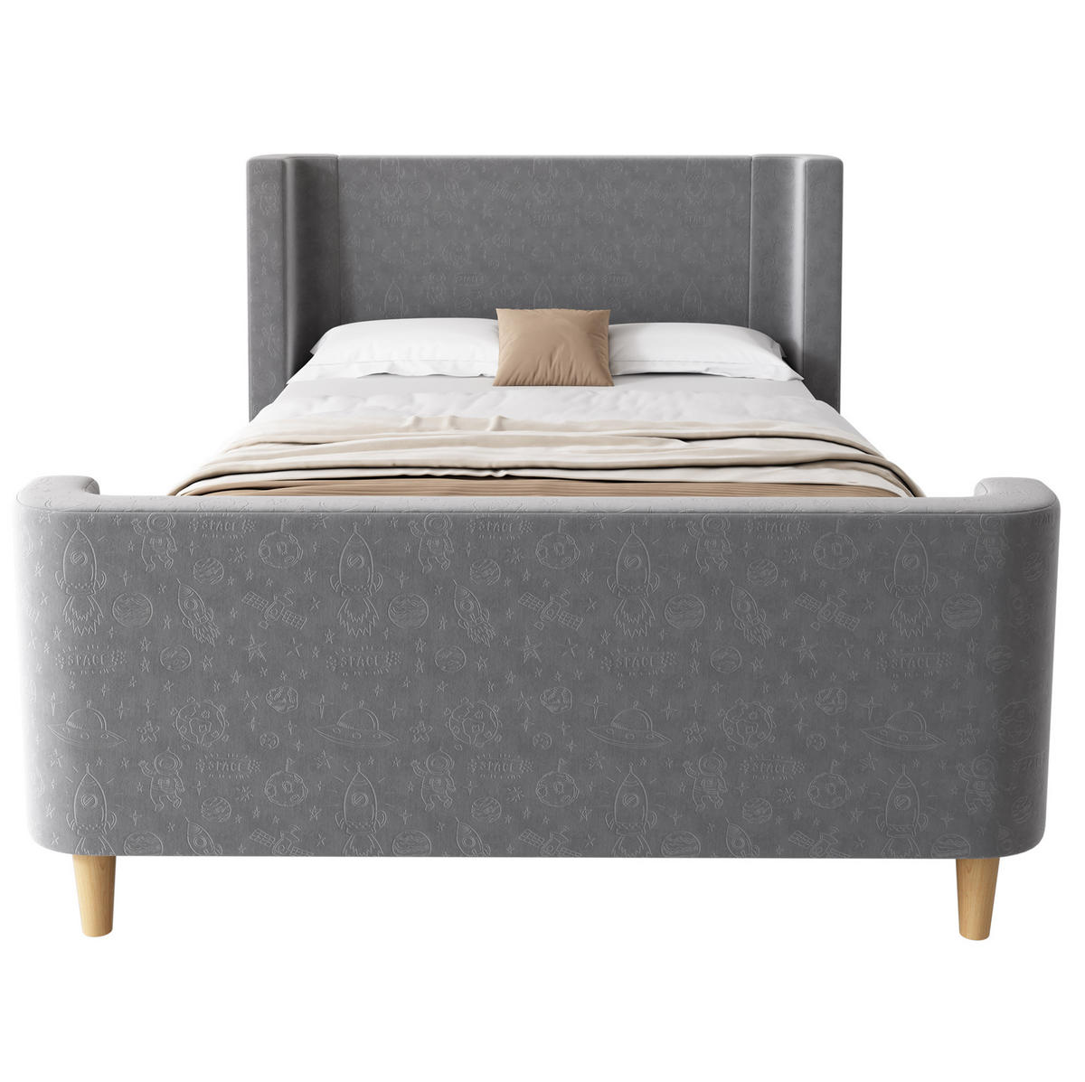 DETSKÁ posteľ 90/200 cm sivá zo zamatu s vesmírnym vzorom a čalúneným čelom - sivá, textil (90/200cm) - OKWISH