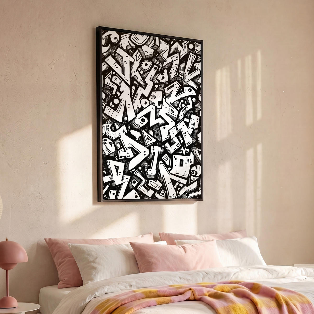 LEINWAND Bilder mit Rahmen - Formen - Buchstaben - Graffiti - Schwarz - 80x120 - Schwarz, Textil (80/120cm) - MuchoWow