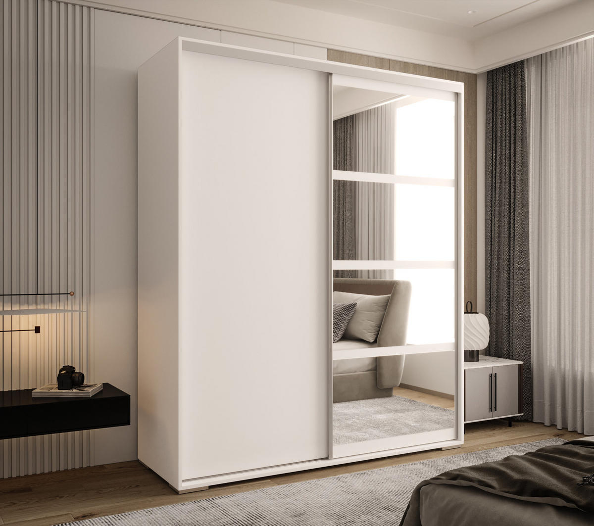 SCHIEBETÜRENSCHRANK GENUA 180, 2-türig Kleiderschrank mit 1 Spiegel, Moderne Garderobe, Schrank in Größe: 180 x 217 x 66 cm - Weiß, Holzwerkstoff (180/217/66cm) - O-Sofa