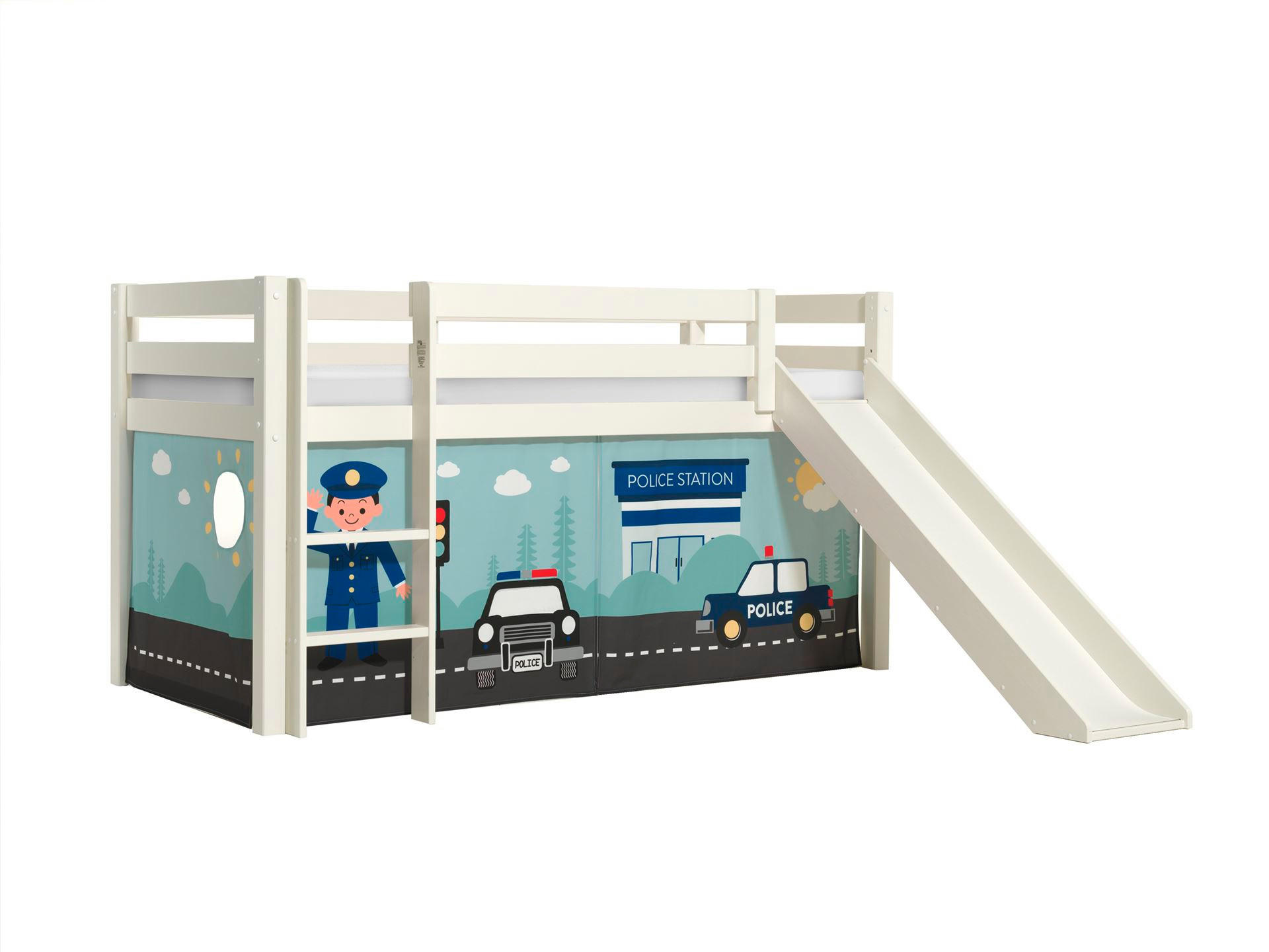HOCHBETT mit Rutsche Karolina Massivholz Weiß Textilset Polizei - Weiß/Hellblau, Holz (90/200cm) - 58aufmkessel