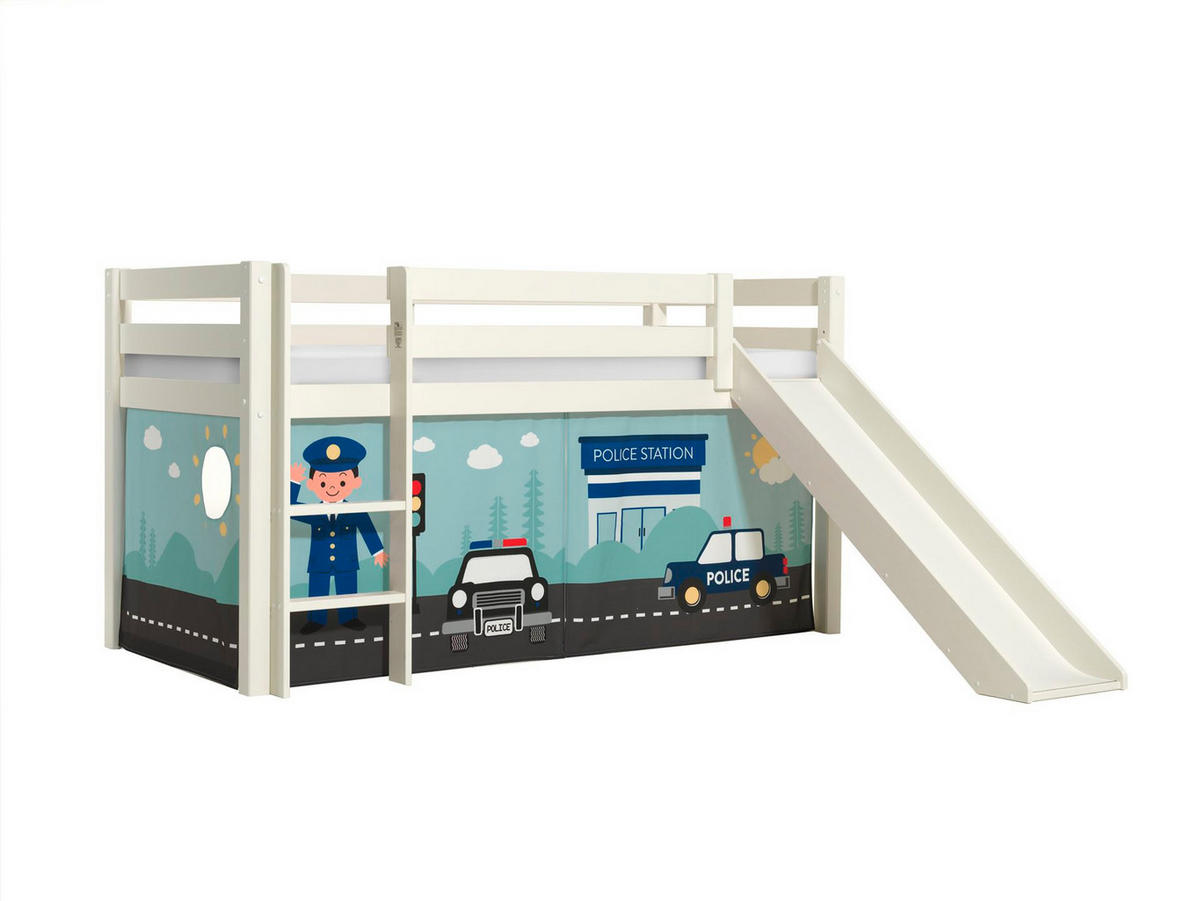 HOCHBETT mit Rutsche Karolina Massivholz Weiß Textilset Polizei - Weiß/Hellblau, Holz (90/200cm) - 58aufmkessel